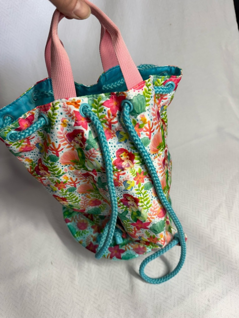 Disney Pink & Teal Floral Mermaid Drawstring Tote Bag Little Mermaid beach bag